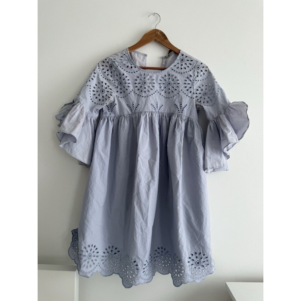 ✿ Zara Basic Blue Gray Cotton Eyelet Boho Dress New No Tags Size XS Summer Lace